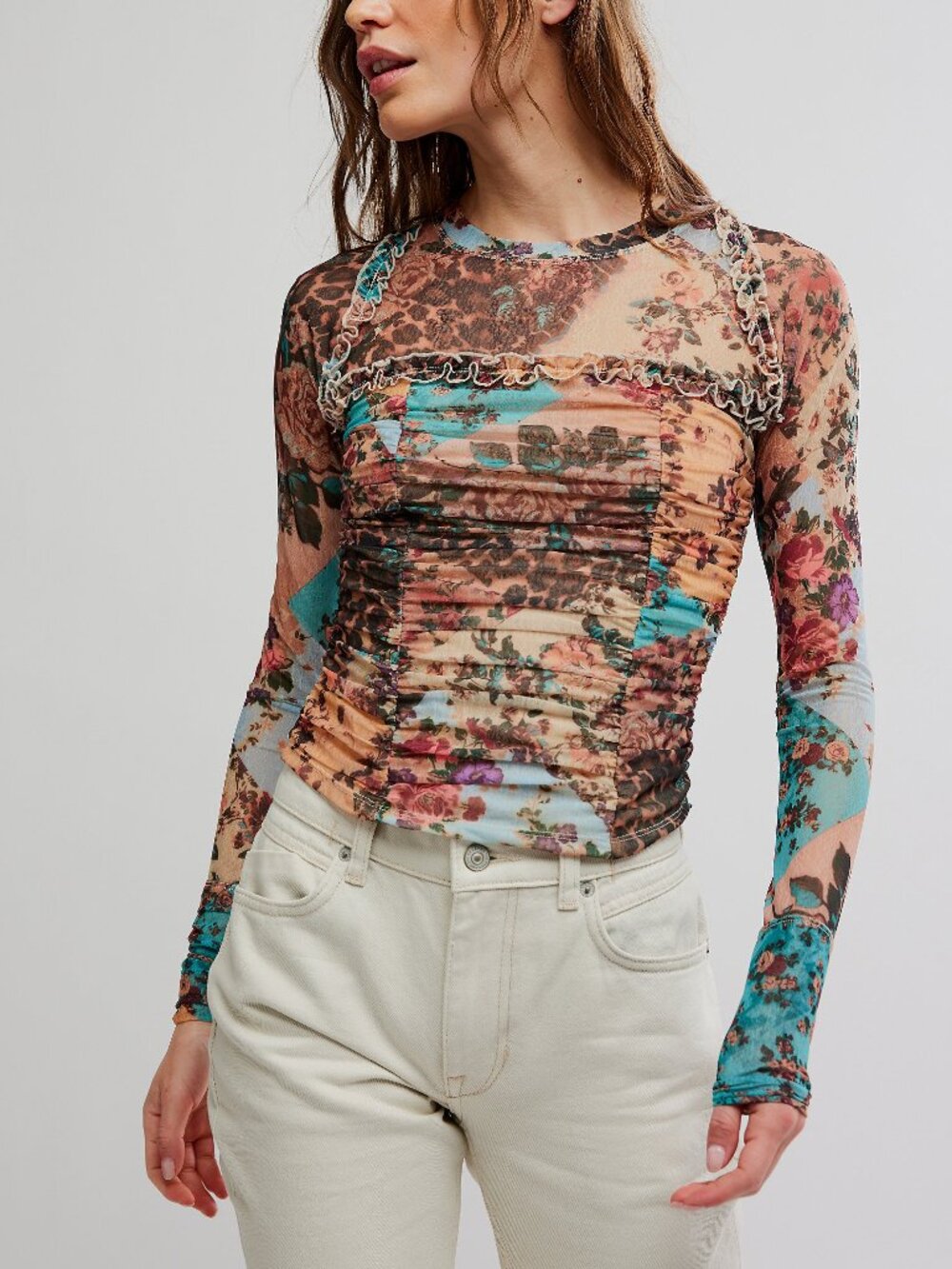 FREE PEOPLE Ariana Long Sleeve Ruched Top / Taupe Combo